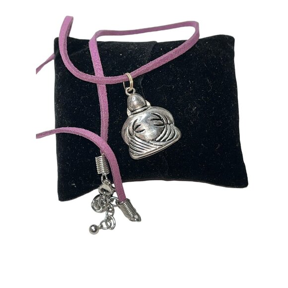 Silver Textured Fat Buddha Charm Amulet Pendant Purple Leather Zen Necklace - Picture 2 of 5